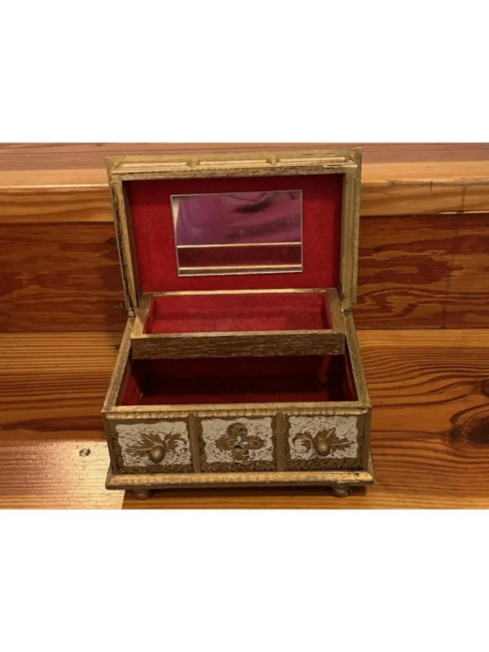 Vintage Florentine Wood Jewelry Box Distressed Needs Knob Fixer As Is 9”x6”